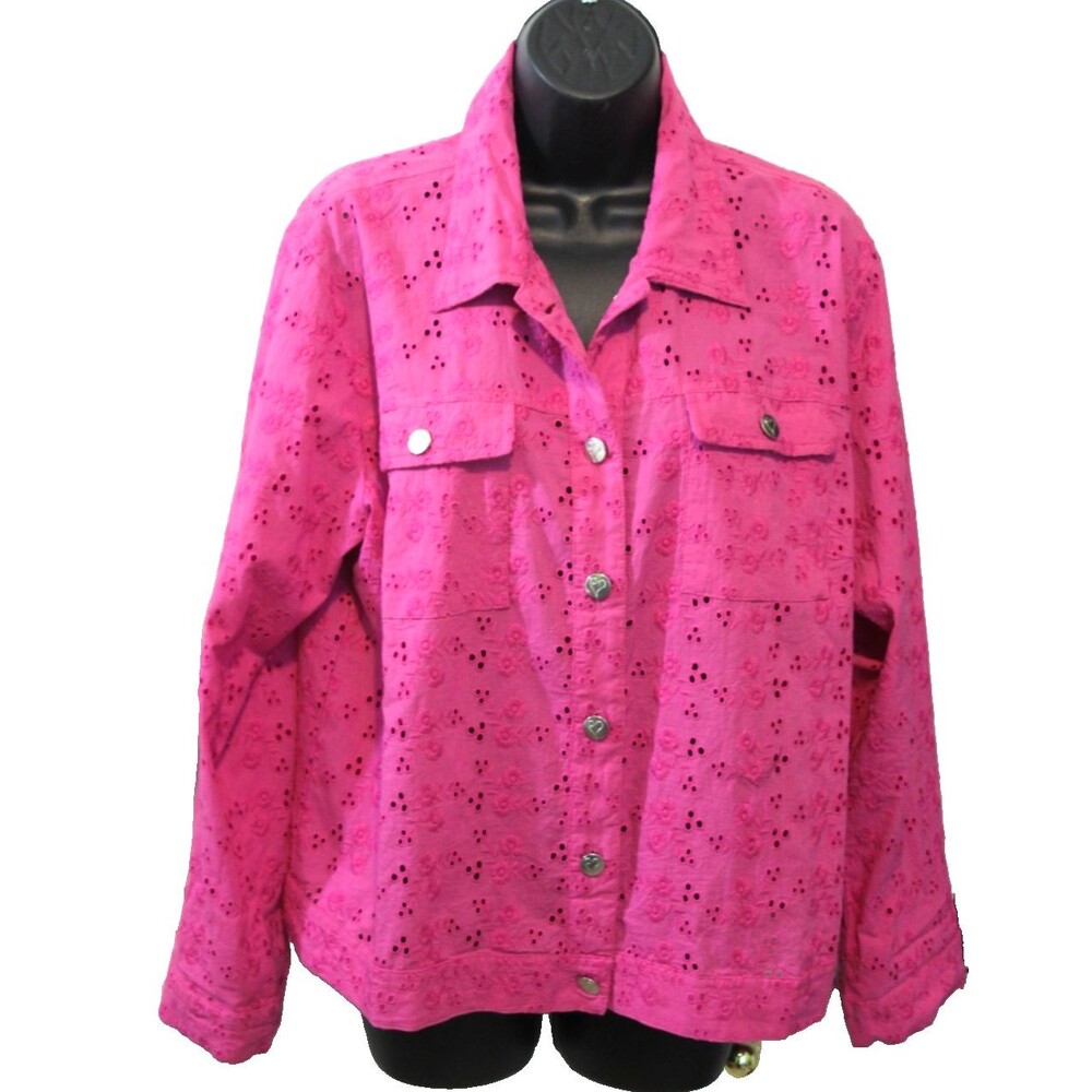Colleen Lopez Cotton Eyelet Button Up Jacket Pink Fuchsia Women Lightweight Lg - Picture 2 of 10
